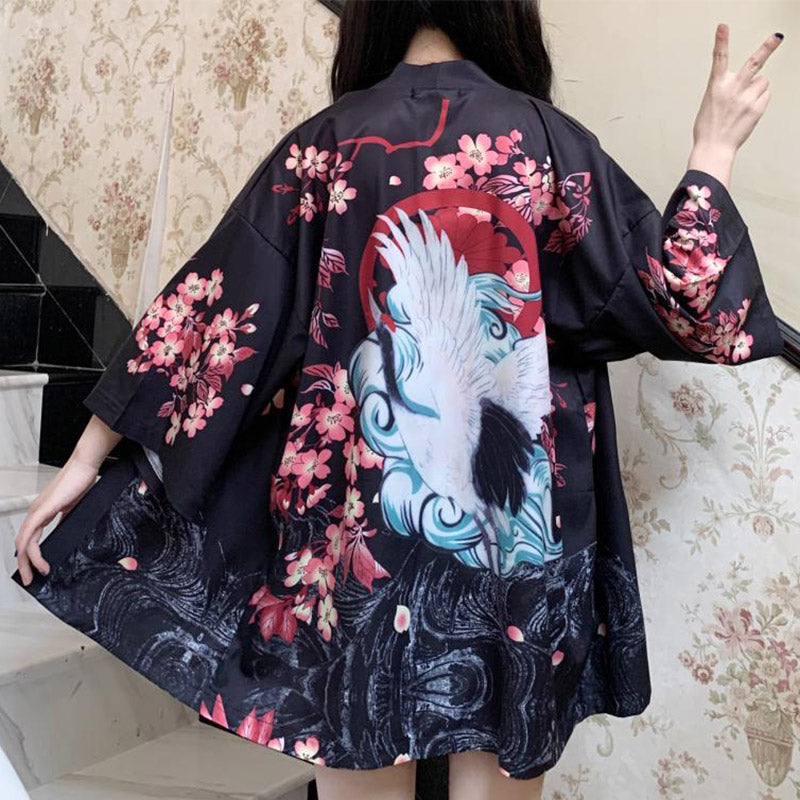 Vintage Crane Sakura Floral Print Cardigan Kimono Outerwear