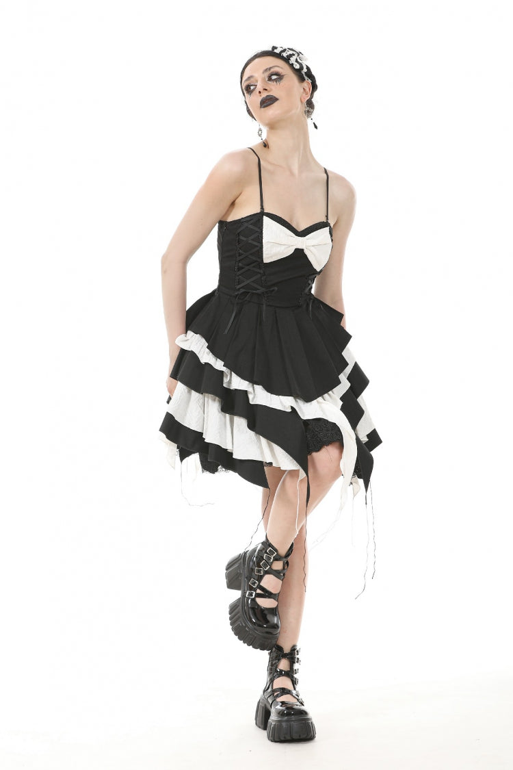 Monochrome Sleeveless Multi-Layered Ruffled Bow Slip Dress