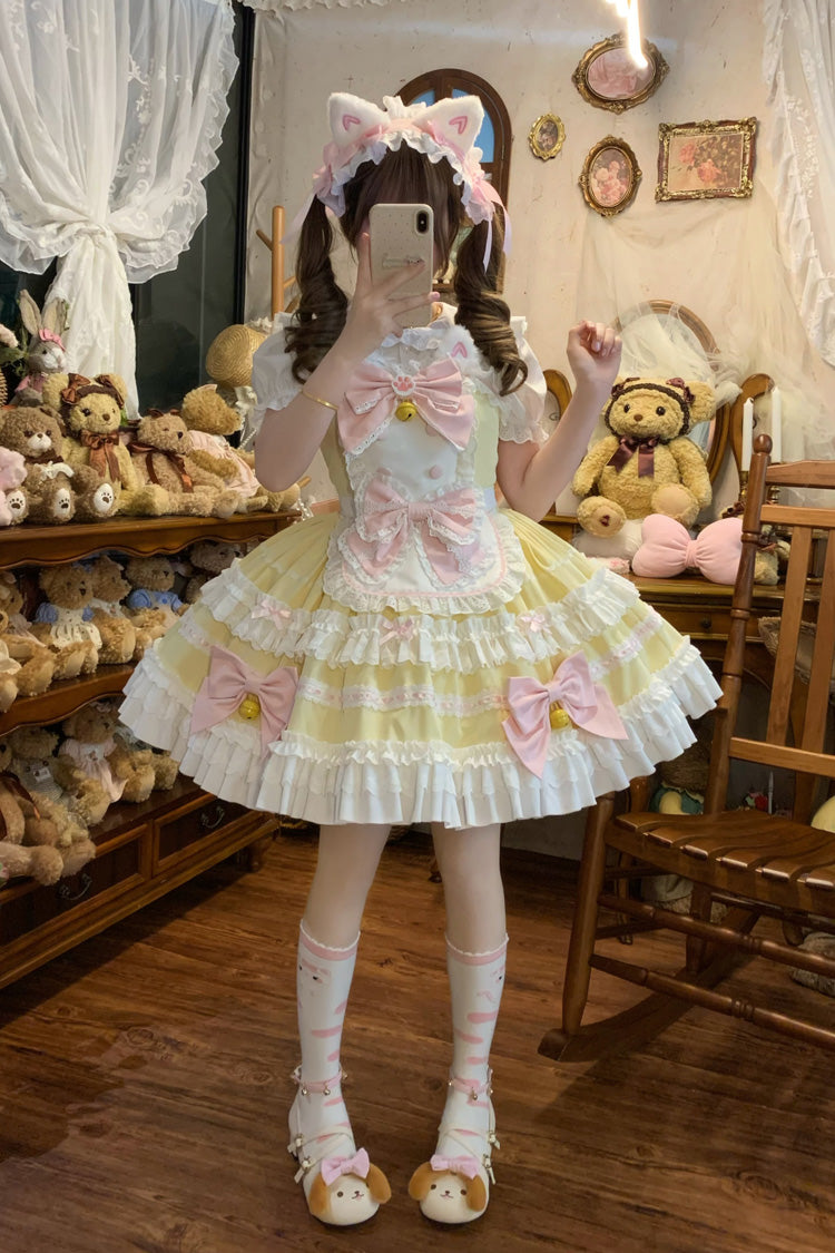 Meowling Sweet Maid Sleeveless Multi Layer Ruffle Bow Lace Princess Lolita JSK in Yellow