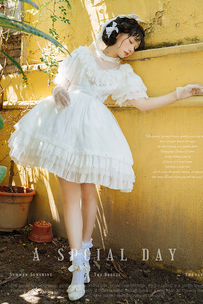 Ivory Multi-Layered Ruffled Hollow Bow Lace Vintage Lolita Dress