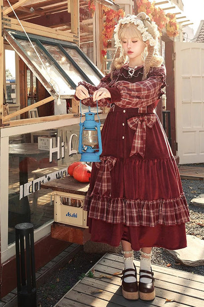 Velvet Plaid Print Bowknot Christmas Sweet Lolita Dress in Red