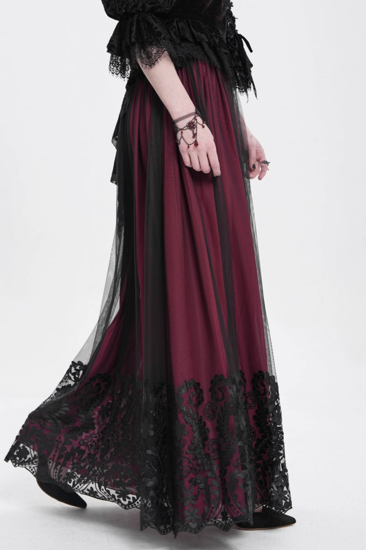 Crimson Stitched Floral Mesh Women's Goth Skirt