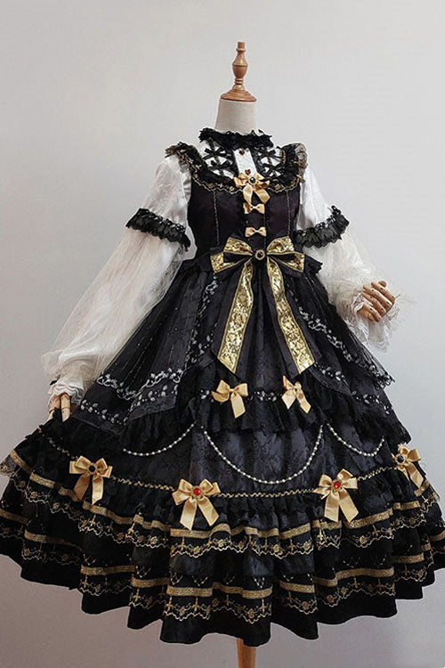 Black Hanayome Sweet Lolita JSK with Bow and Multi-Layer Ruffles