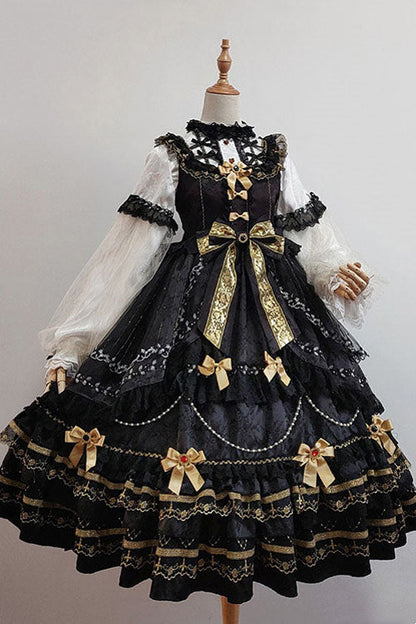Black Hanayome Sweet Lolita JSK with Bow and Multi-Layer Ruffles