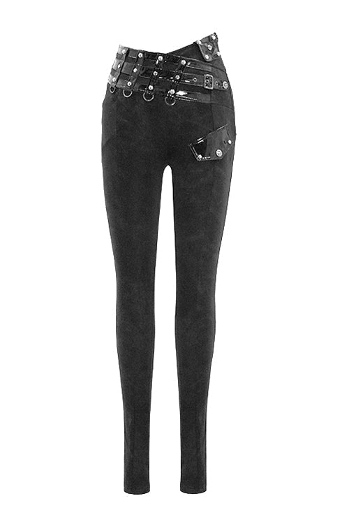 Goth Stretch Knit Asymmetrical Loop Detail Slim Trousers