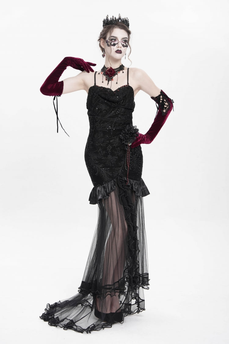 Floral Embroidery Mesh Hem Gothic Long Slip Dress