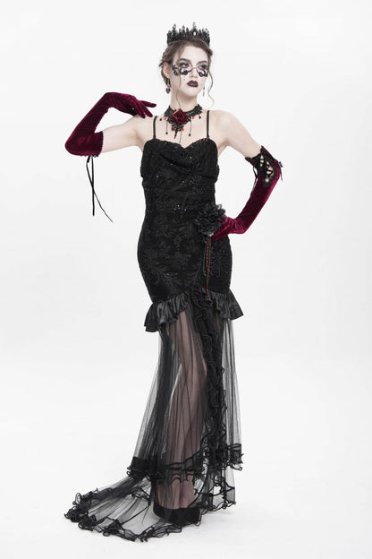 Floral Embroidery Mesh Hem Gothic Long Slip Dress