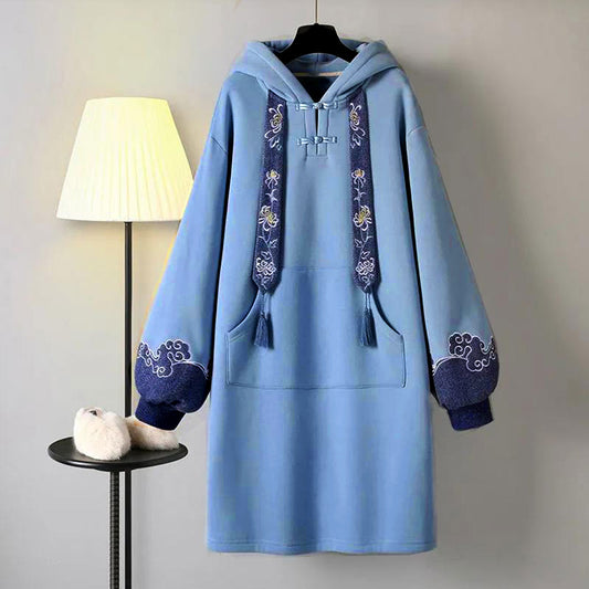 Robe sweat-shirt ample à capuche et broderie bleue vintage