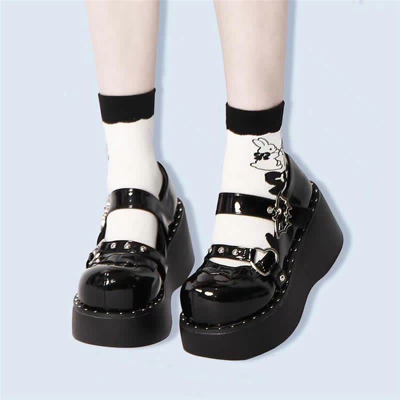 Chaussures Mary Janes Lolita à plateforme avec boucle en forme de cœur et chauve-souris punk gothique