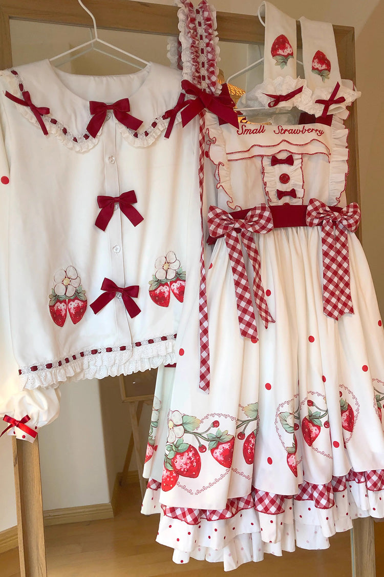 White Strawberry Printed Ruffled Bow-Trim Sweet Lolita Dress Set