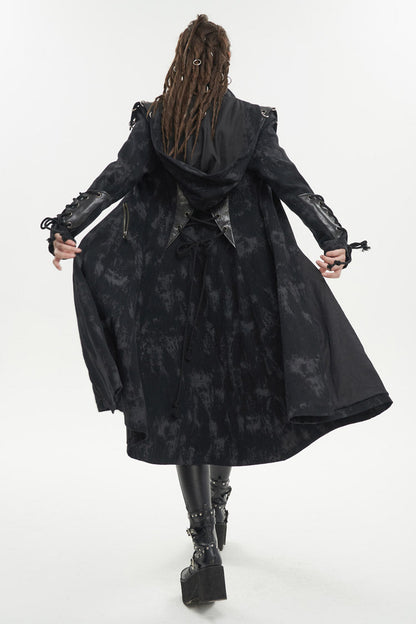 Long Punk Coat for Women with Hood and Irregular Print in Spliced Black Faux Leather