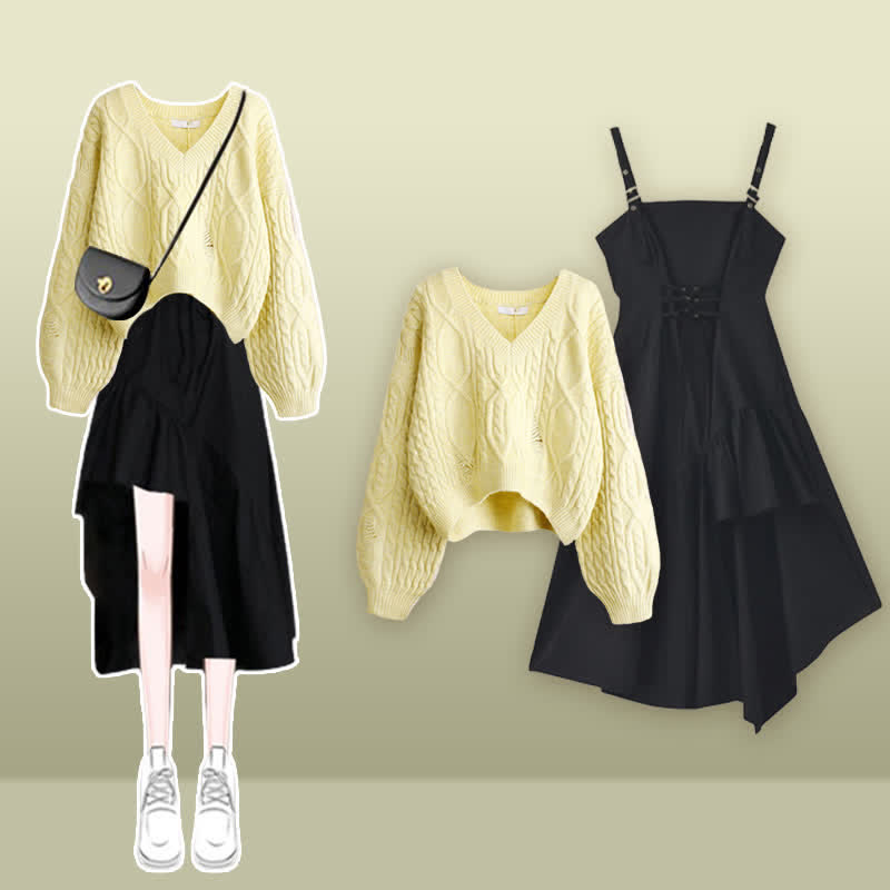 Cable Set Sweater Slip Irregular Up Knit Dress Lace