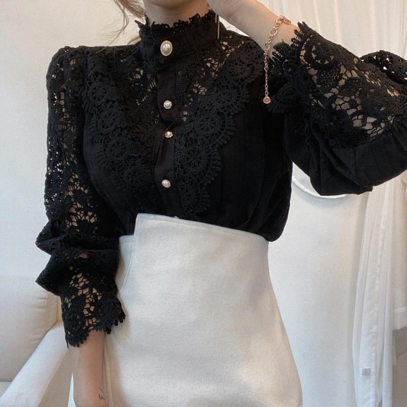 Elegant Pearl Hollow Out Lace Shirt