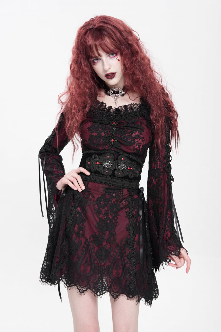 Square Collar Long Sleeve Floral Lace Lace-Up Gothic Dress