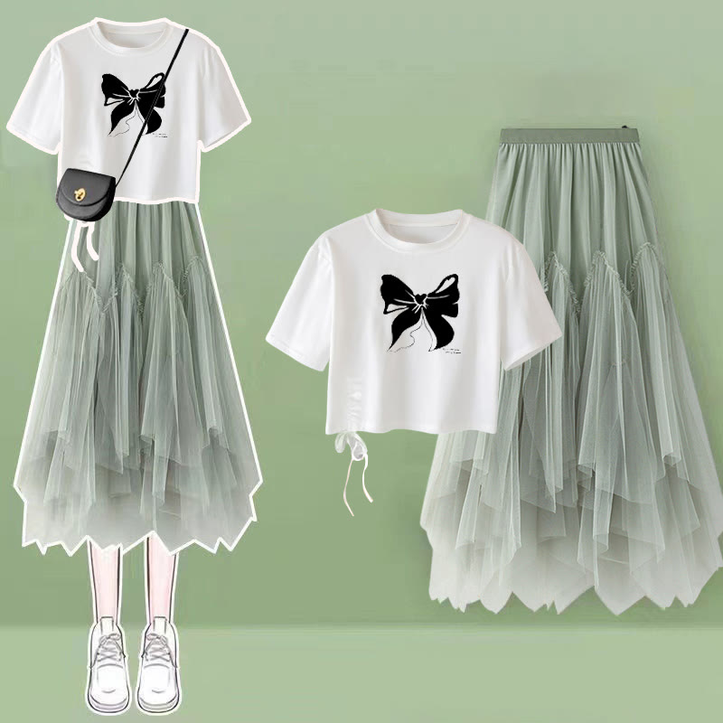 Drawstring Print Loose T-Shirt Tulle Skirt