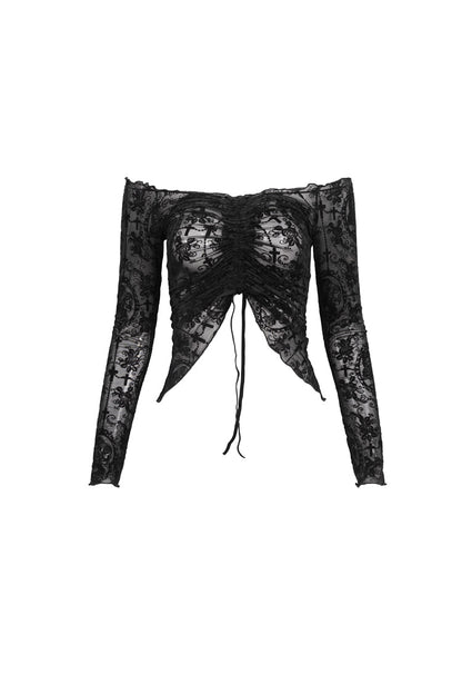 Punk Women's Off-Shoulder Tee with Ruched Flocked Chest and Adjustable Straps