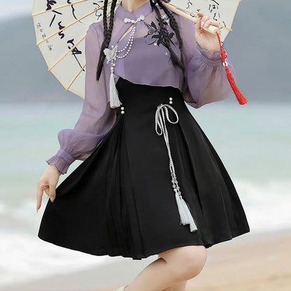 3D Butterfly Pearl Slip Top Dress Lace-up Decor