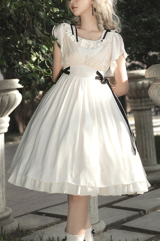 White Moonlight March Chiffon Short-Sleeved Ruffled Sweet Lolita Dress