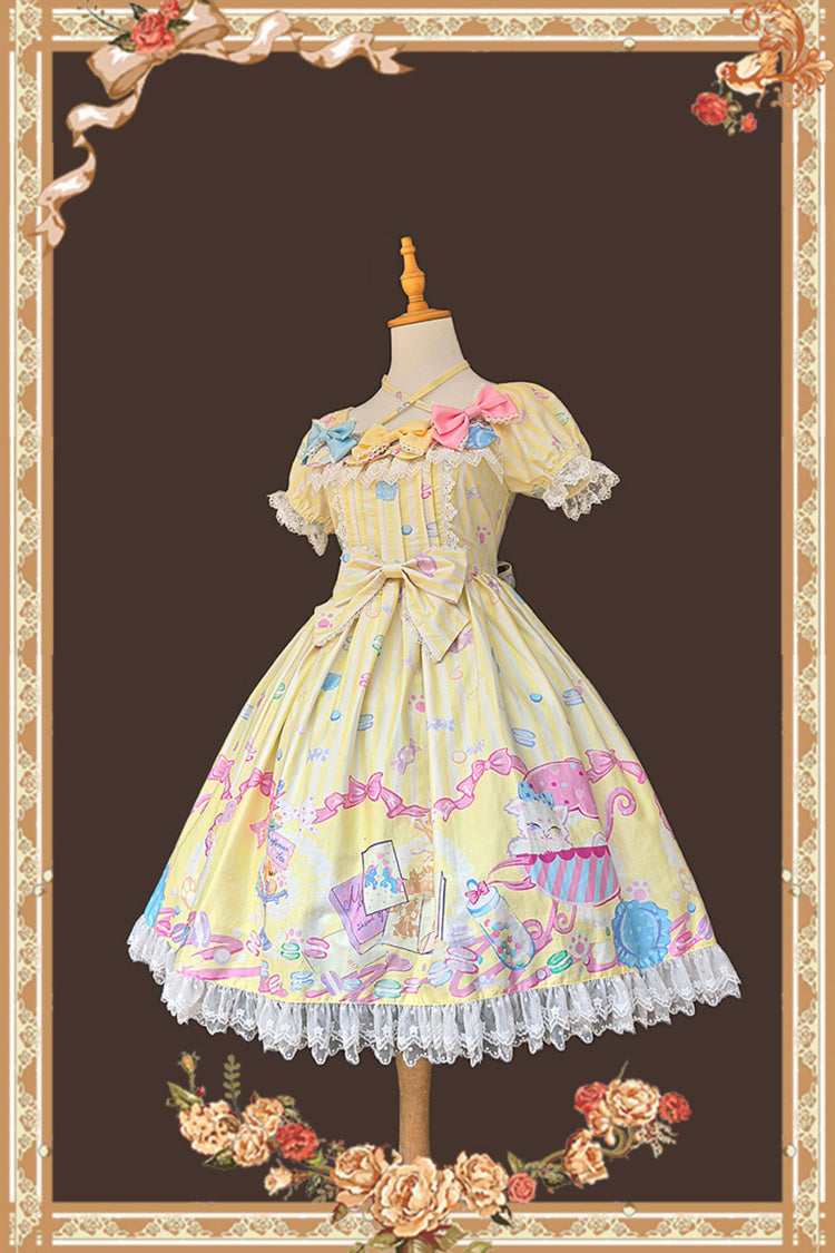 Macarons Dolly House Square Collar Short Lantern Sleeve Print Bow Sweet Lolita Dress in Yellow