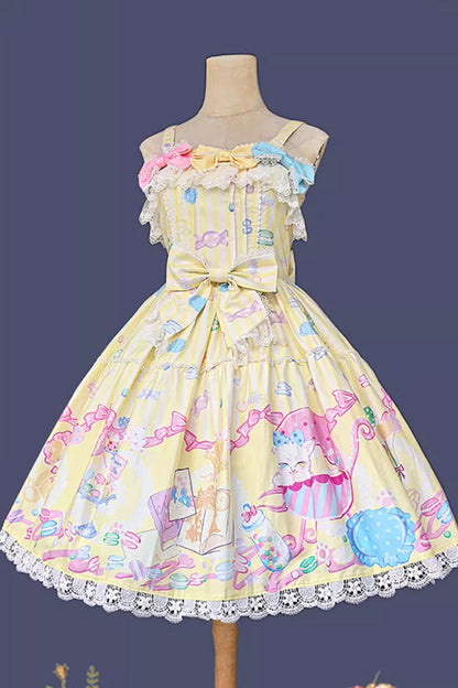 Macaron Dolly House Sleeveless Print Bow Sweet Lolita JSK in Yellow
