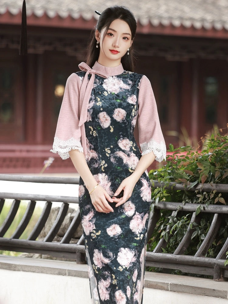 Ribbon Mid Sleeve Long Cheongsam