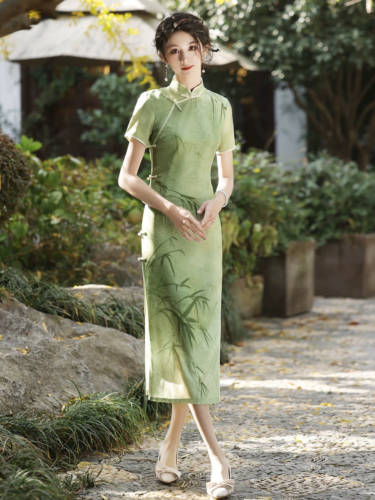 Robe cheongsam en bambou vert