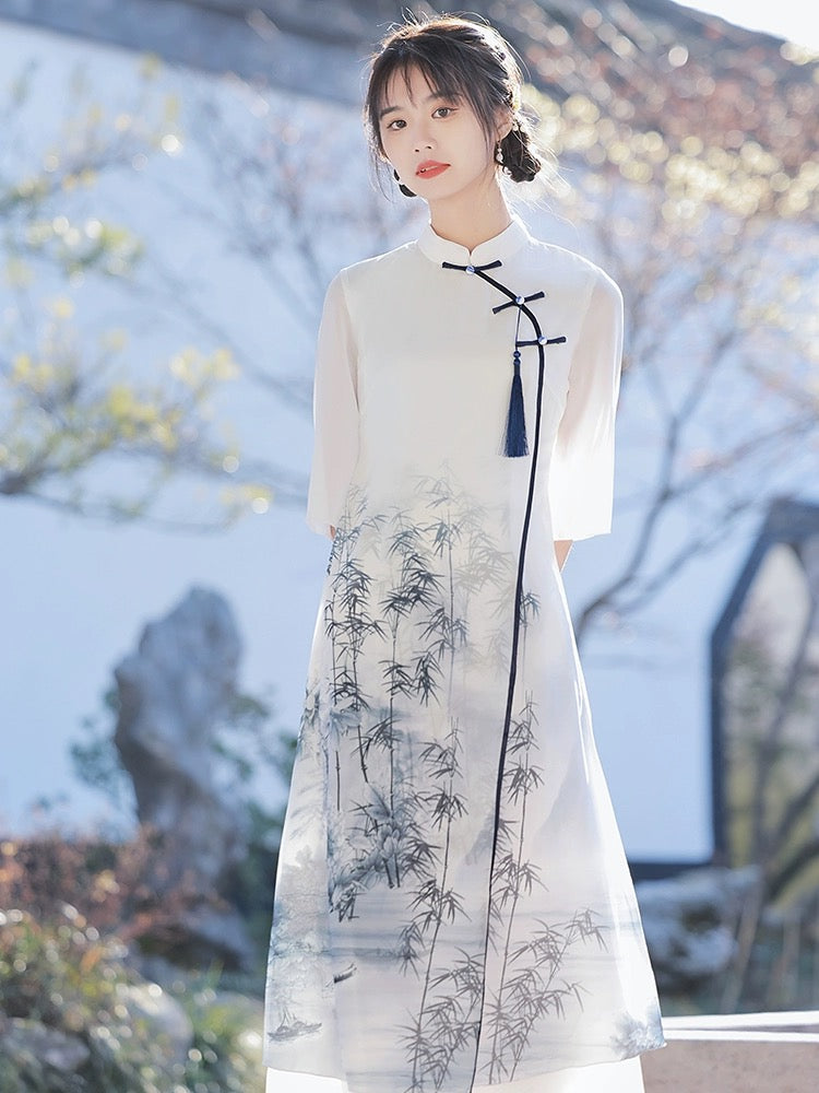 White Elegant Wide Sleeve Long Cheongsam