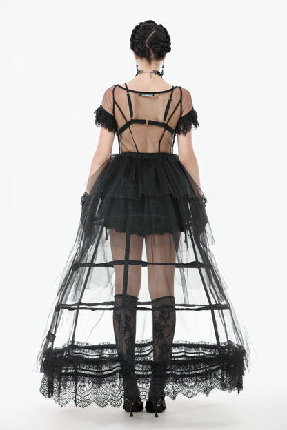 Ebony V-Neck Short Sleeve Sheer Mesh Layered Dress