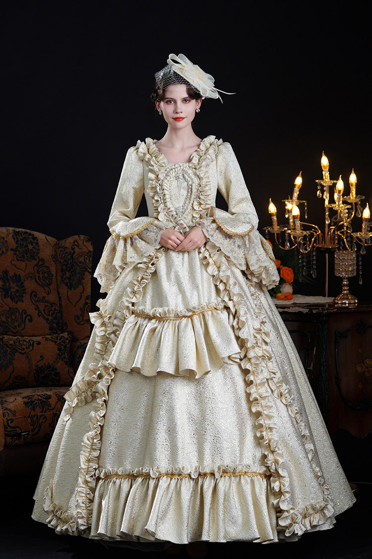 Classic Palace Dress with Square Collar & Trumpet Sleeves