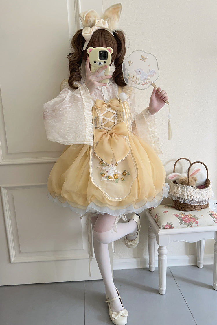 Moon Rabbit Shadow Embroidery Ruffle Bow Lace Sweet Lolita JSK in Yellow