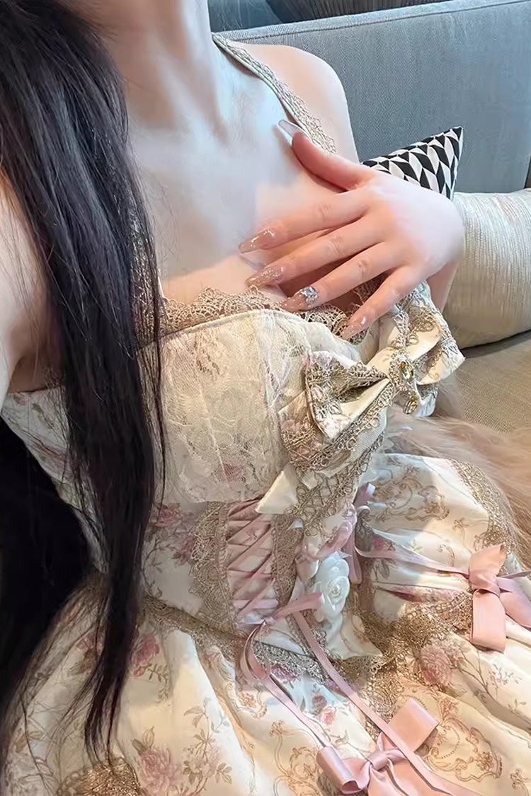 Halterneck Bowknot Skirt Set with Lace-Up