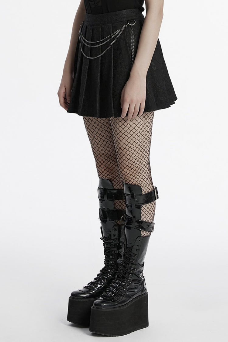 Chain-Adorned Pleated Punk Skirt with Lace Trim