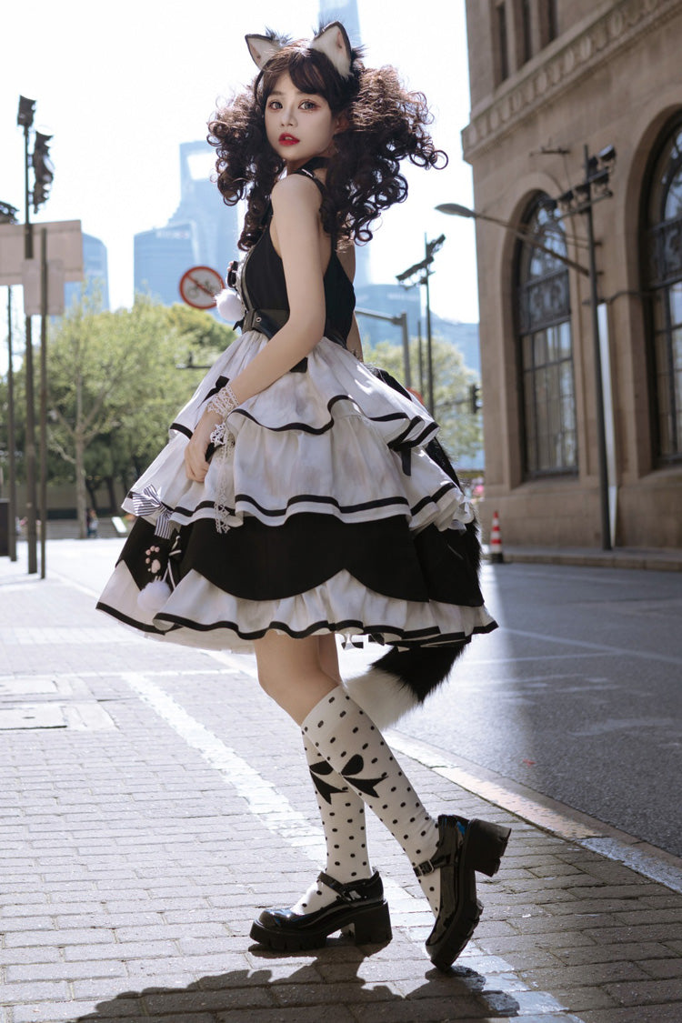 Black/White Sweet Lolita Triple-Layered Ruffle Bowknot JSK Dress