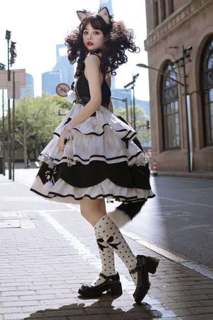 Black/White Sweet Lolita Triple-Layered Ruffle Bowknot JSK Dress
