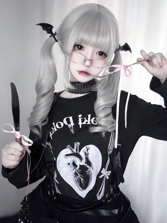 Yami Kawaii Black Heart Print Graphic T-shirt