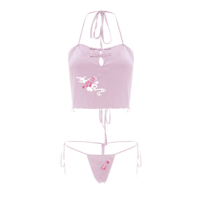 Vintage Fringed Lace Up Flower Embroidery Hanfu Lingerie