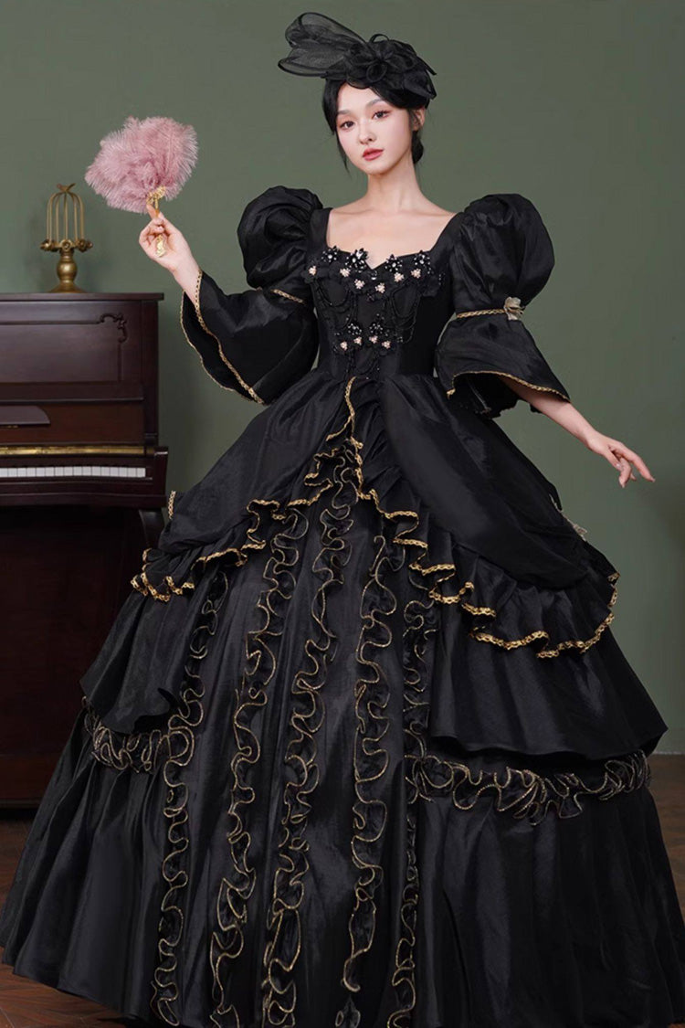 Square Collar Gothic Victorian Dress with Half Trumpet Sleeves and Ruffled Open-Front
