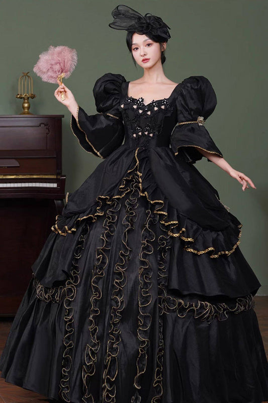 Square Collar Gothic Victorian Dress with Half Trumpet Sleeves and Ruffled Open-Front