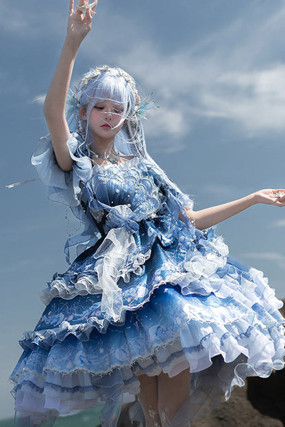Gradient Printed Ruffled Embroidered Bow Lace Asymmetric Sweet Elegant Lolita JSK