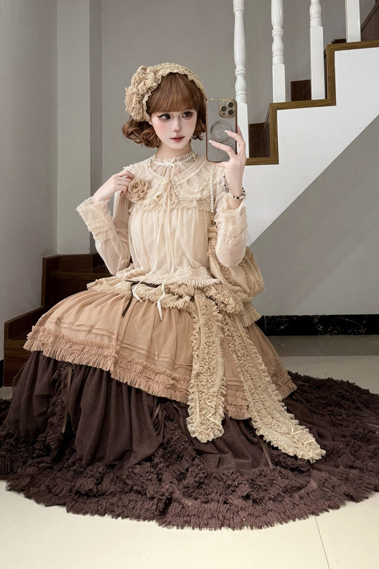 Sweet Stand Collar Long Sleeve Multi Layer Ruffle Color Block Lolita Tiered Dress 14 Colors