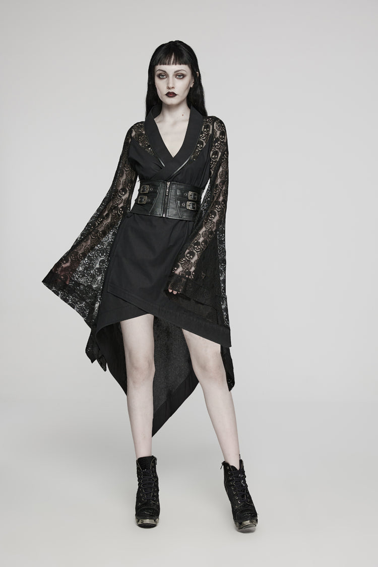 Skull Print Hollow Stitching Black Asymmetric Steampunk Kimono Dress