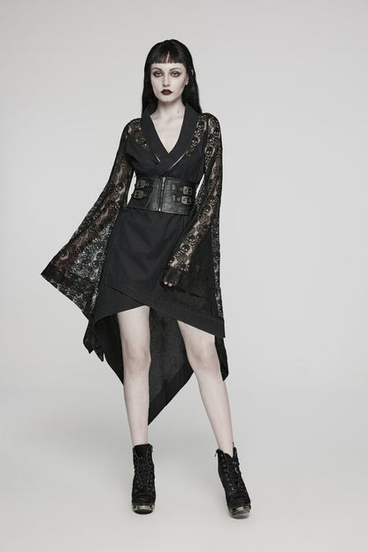 Skull Print Hollow Stitching Black Asymmetric Steampunk Kimono Dress
