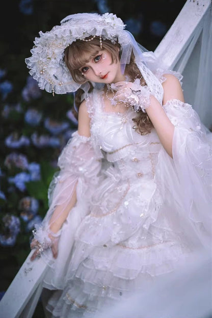 White Dreamy Waltz Sleeveless Layered Ruffle Lace Gothic JSK
