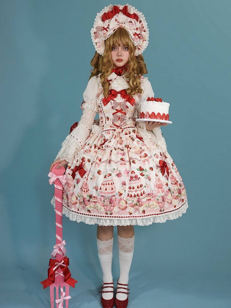 Strawberry and Desserts Print White Sweet Bow Accents Lolita JSK / Full Set