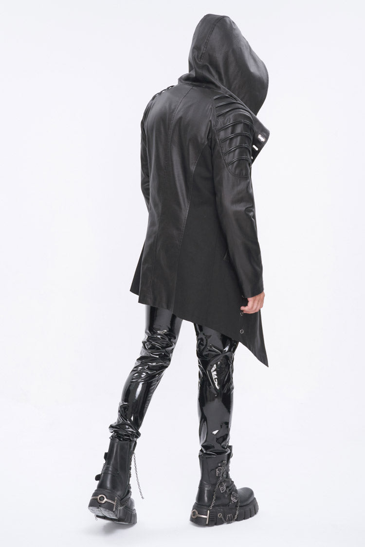 Eyelet Black Asymmetric Gothic Jacket with Hood for Men
