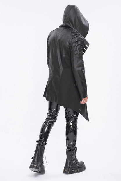 Eyelet Black Asymmetric Gothic Jacket with Hood for Men