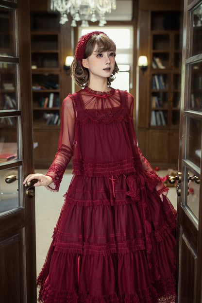 Sweet Stand Collar Long Sleeve Multi Layer Ruffle Color Block Lolita Tiered Dress 14 Colors