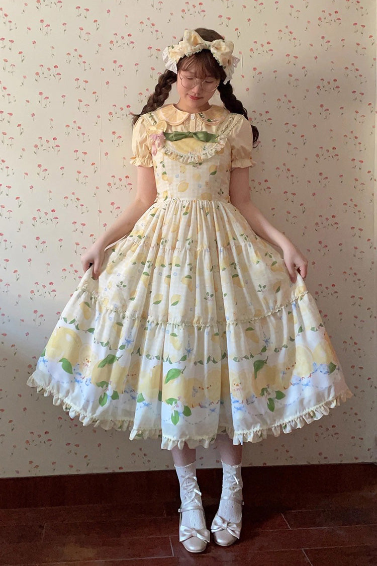 Lemon Chicken Print Ruffle Bow Lace Sweet Lolita JSK Long in Yellow