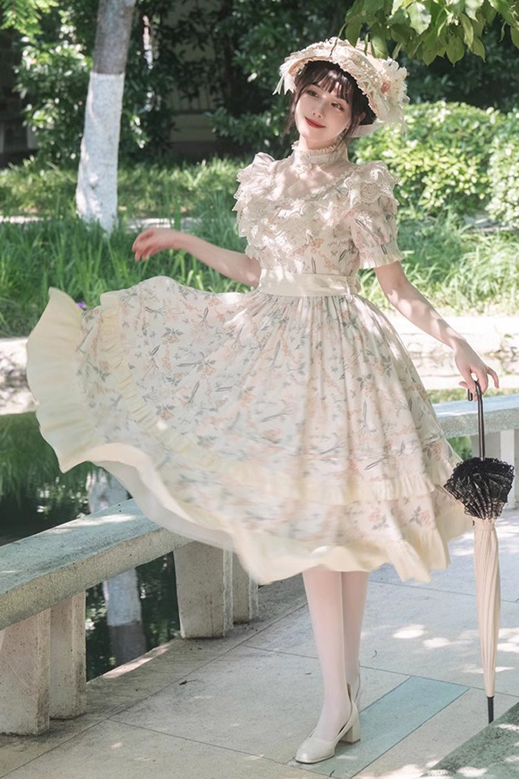 Daisy Cherry Embroidered Edwardian Lolita Dress with Short Sleeves