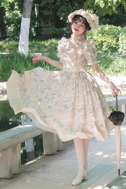 Daisy Cherry Embroidered Edwardian Lolita Dress with Short Sleeves